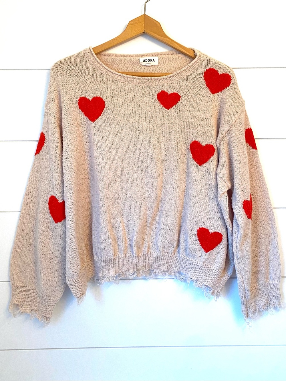 Adora Women's Beige Sweater with Red Heart Motif. (Size small)